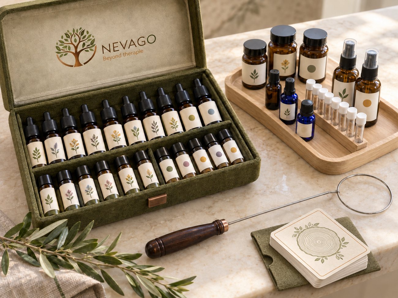 NEVAGO testkoffer met essences, druppelflesjes, biotensor en werkkaarten op de behandeltafel