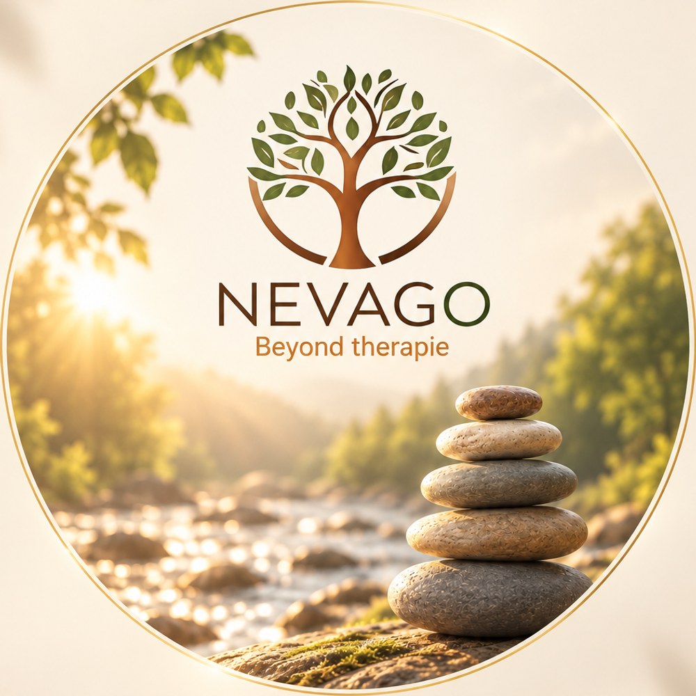 NEVAGO Beyond therapie: logo in een ronde lijst met een zonnige beek en gestapelde stenen in balans
