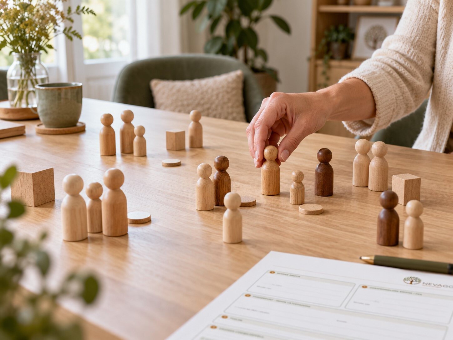 Tafelopstelling met houten figuren op tafel tijdens een sessie bij NEVAGO