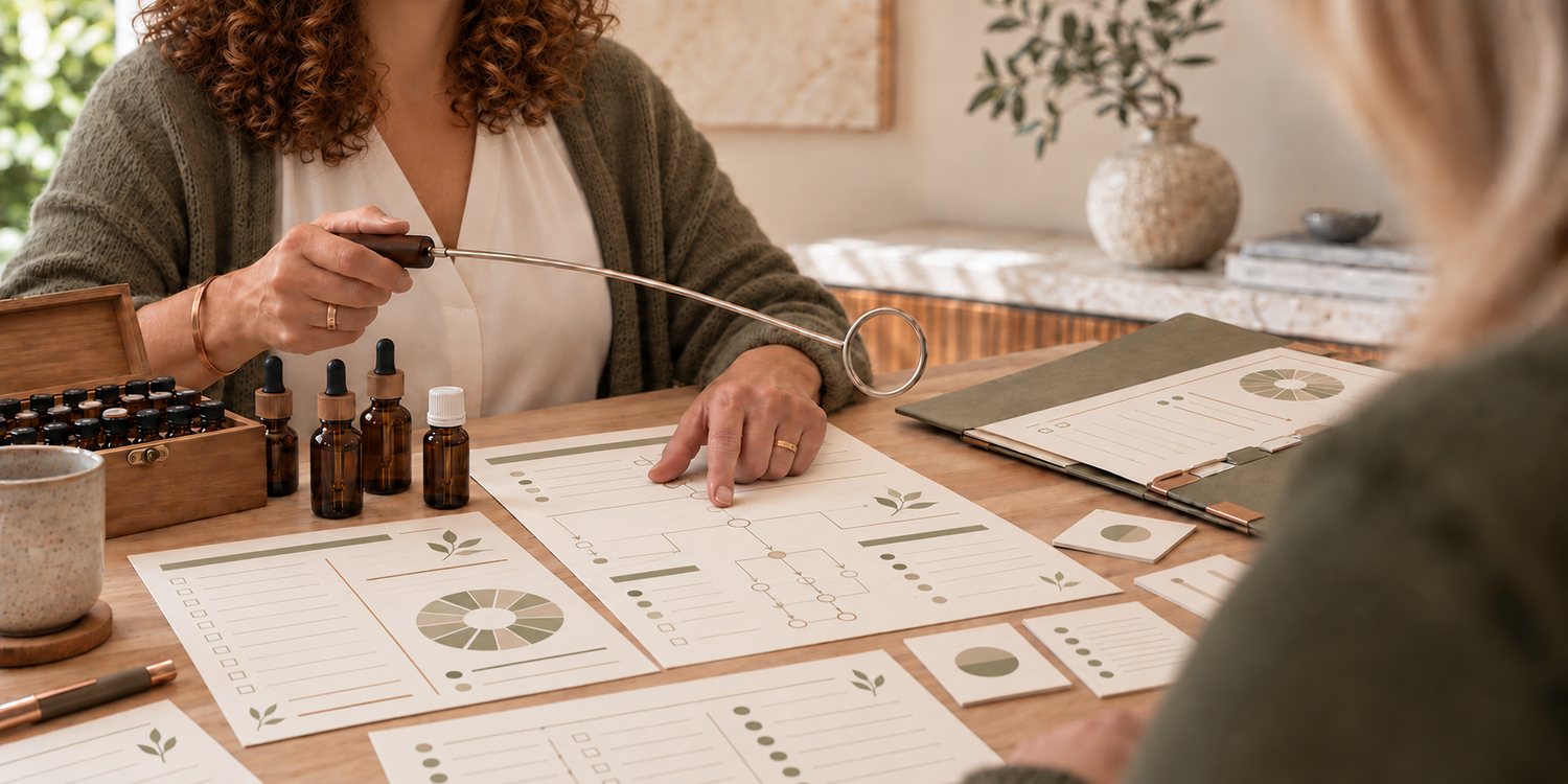 Testsessie bij NEVAGO: biotensor boven de testkaarten met essences en druppelflesjes op tafel